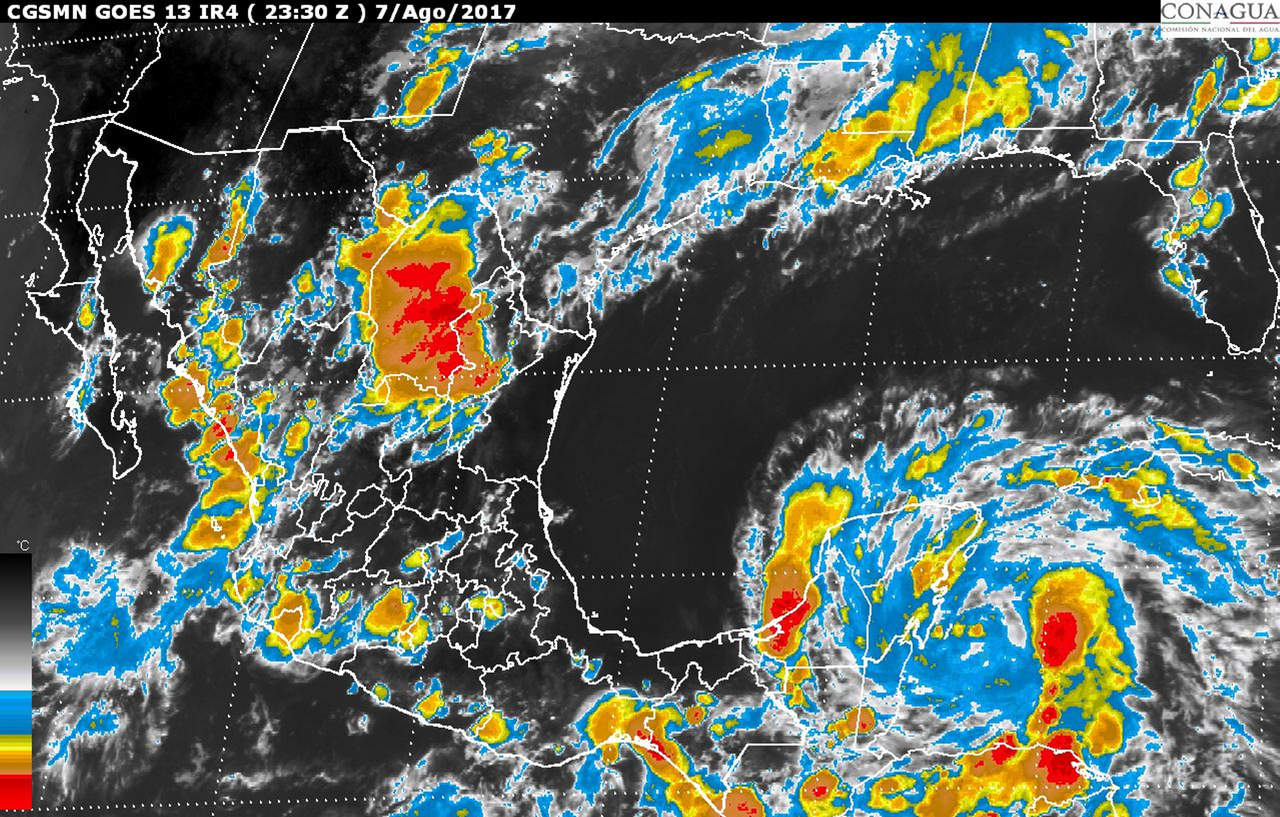 El sistema se desplaza al oeste-noroeste a 22 km/h y provocará en las siguientes horas tormentas torrenciales en regiones de Quintana Roo, y tormentas intensas en zonas de Yucatán, Campeche, Tabasco y Chiapas. (ESPECIAL)