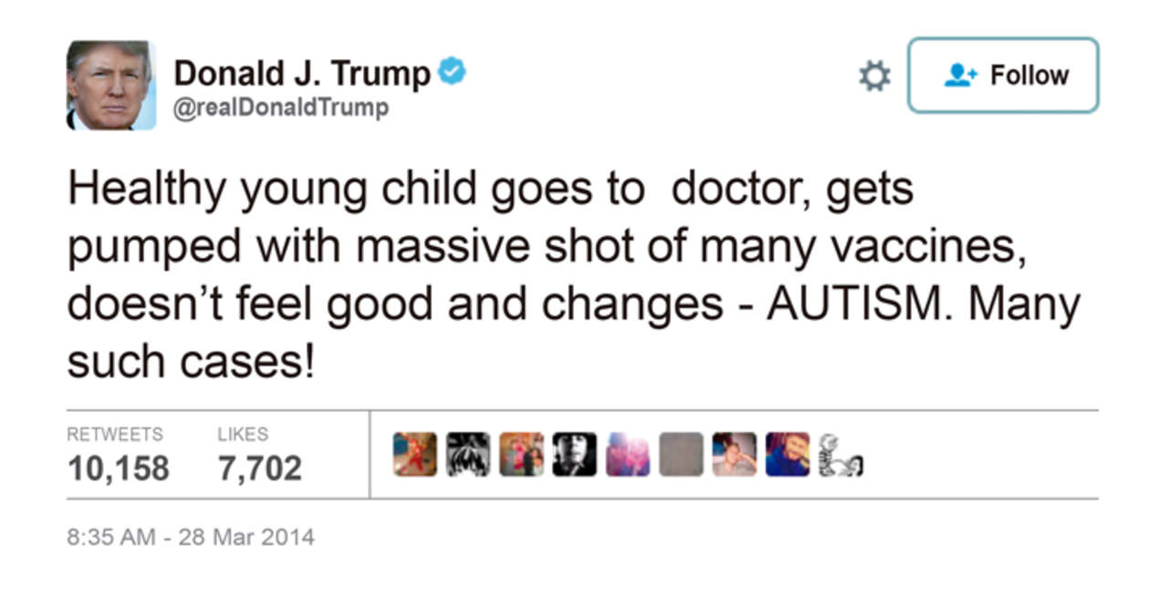 “Niños saludables van al doctor, son pinchados con una dosis masiva de muchas vacunas, no se sienten bien y cambian - Autismo. ¡Muchos de estos casos!”. Foto: Donald J. Trump Twitter