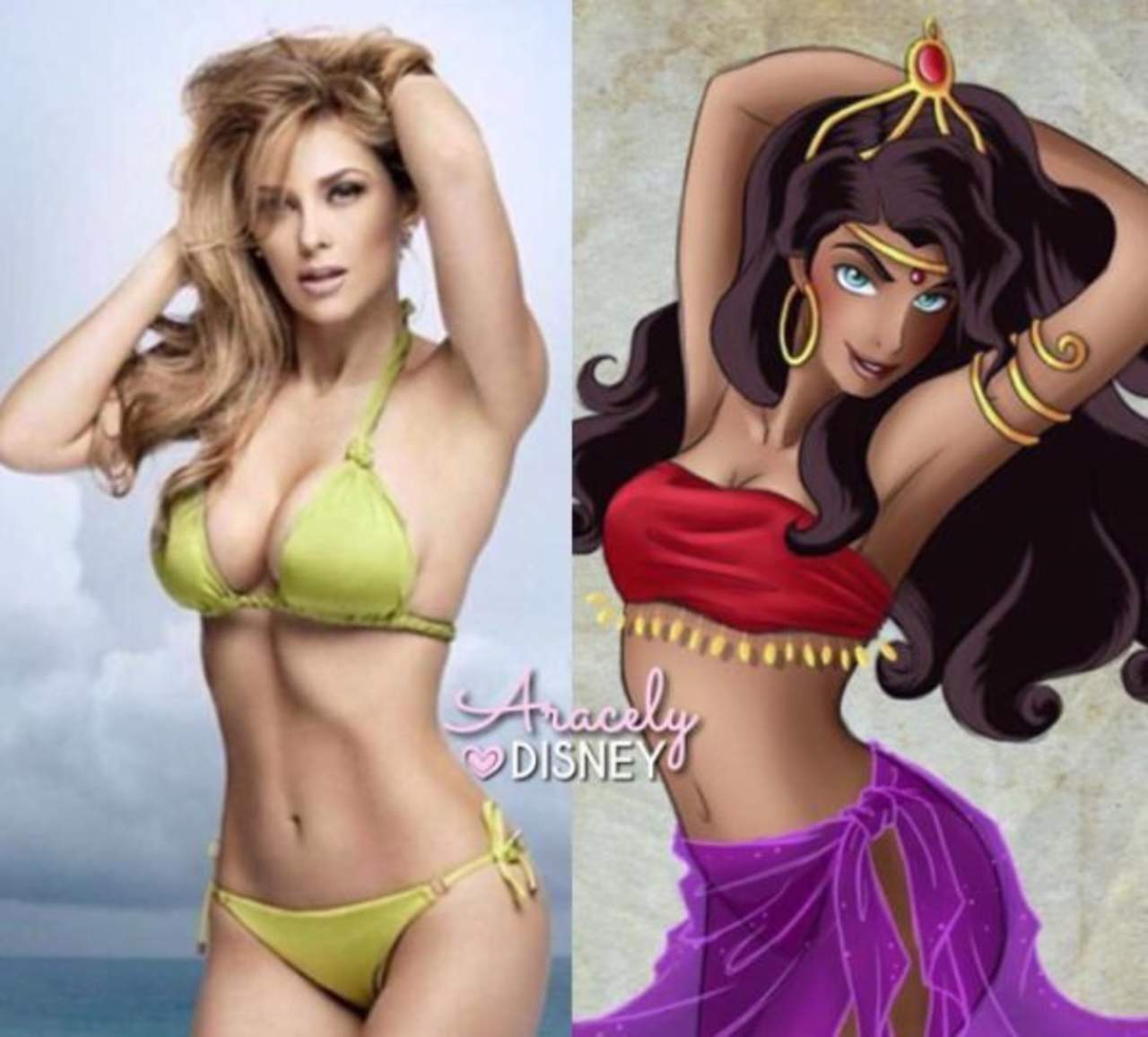 Arámbula de 42 años de edad luce un bikini color verde limón junto a la versión de sí misma en princesa animada, ambas muestran una escultural figura que se llevó los halagos de los fans. (ESPECIAL)