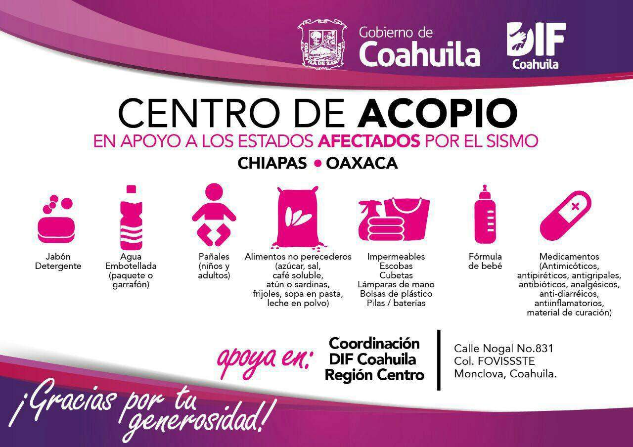 Principalmente se recibirán alimentos no perecederos, así como artículos de aseo personal y material de curación. (ESPECIAL)