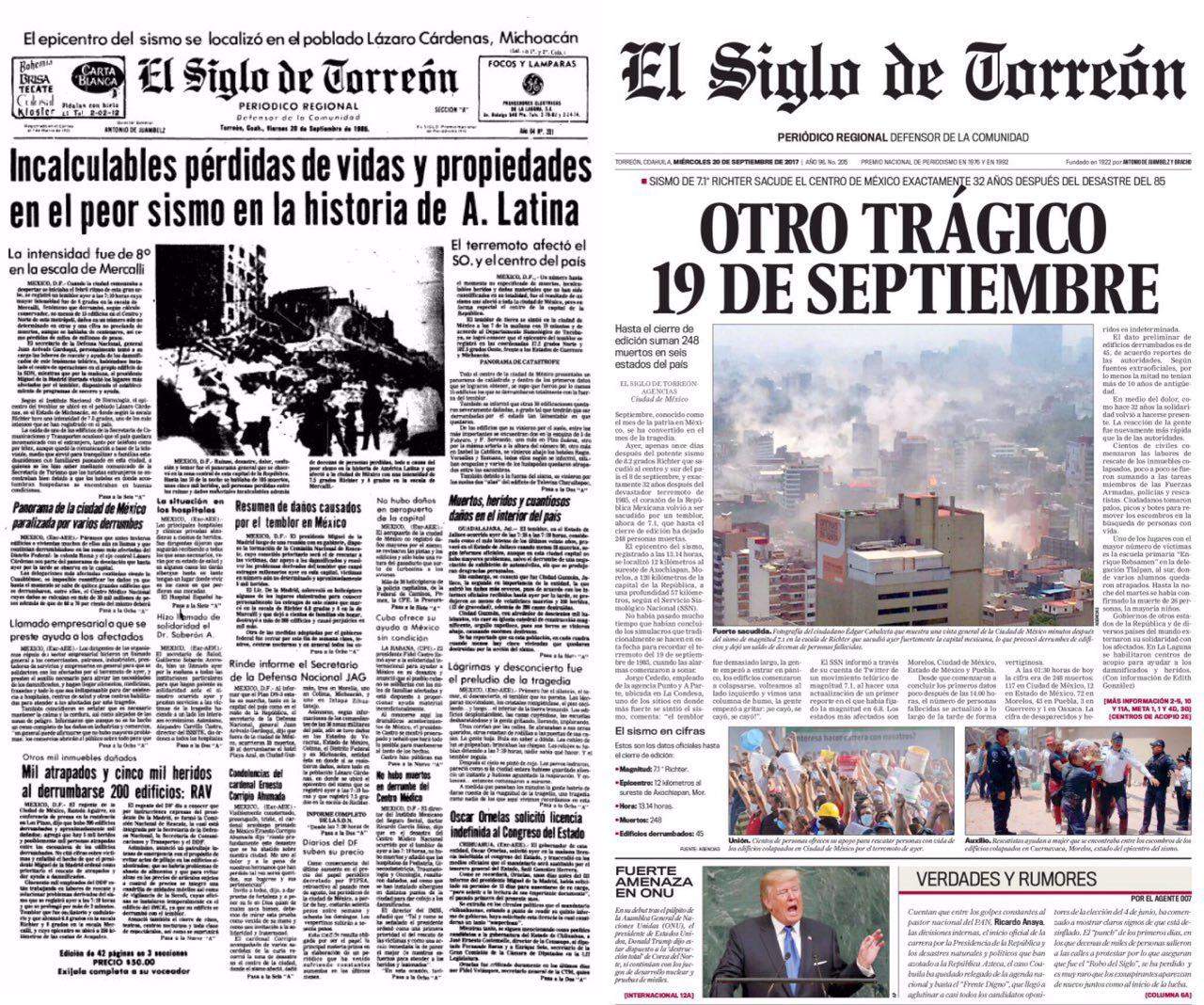 Las portadas de El Siglo sobre los dos trágicos 19 de septiembre. 