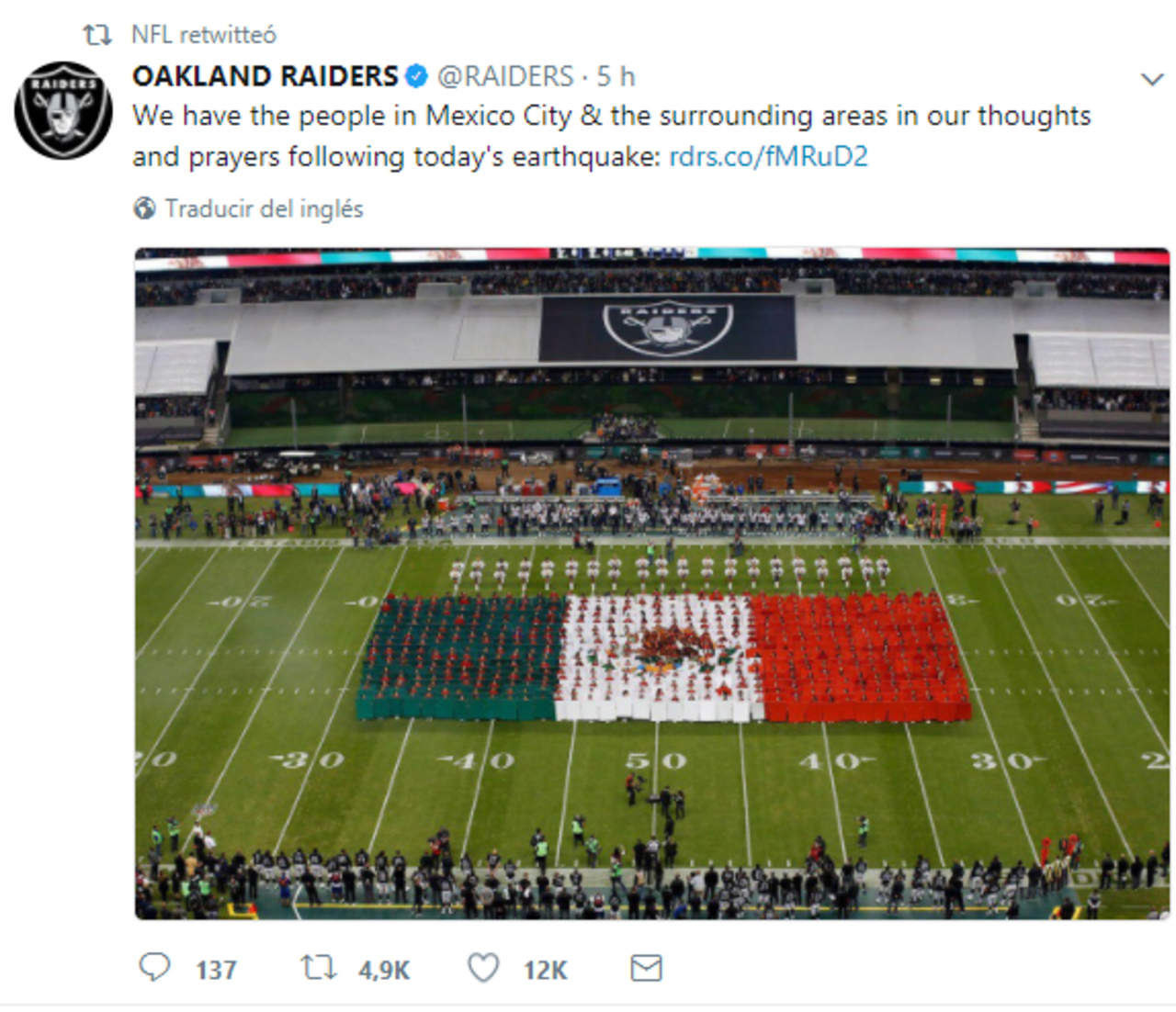 Los Raiders de Oakland mostraron su solidaridad con el pueblo mexicano afectado por el fuerte sismo del martes.