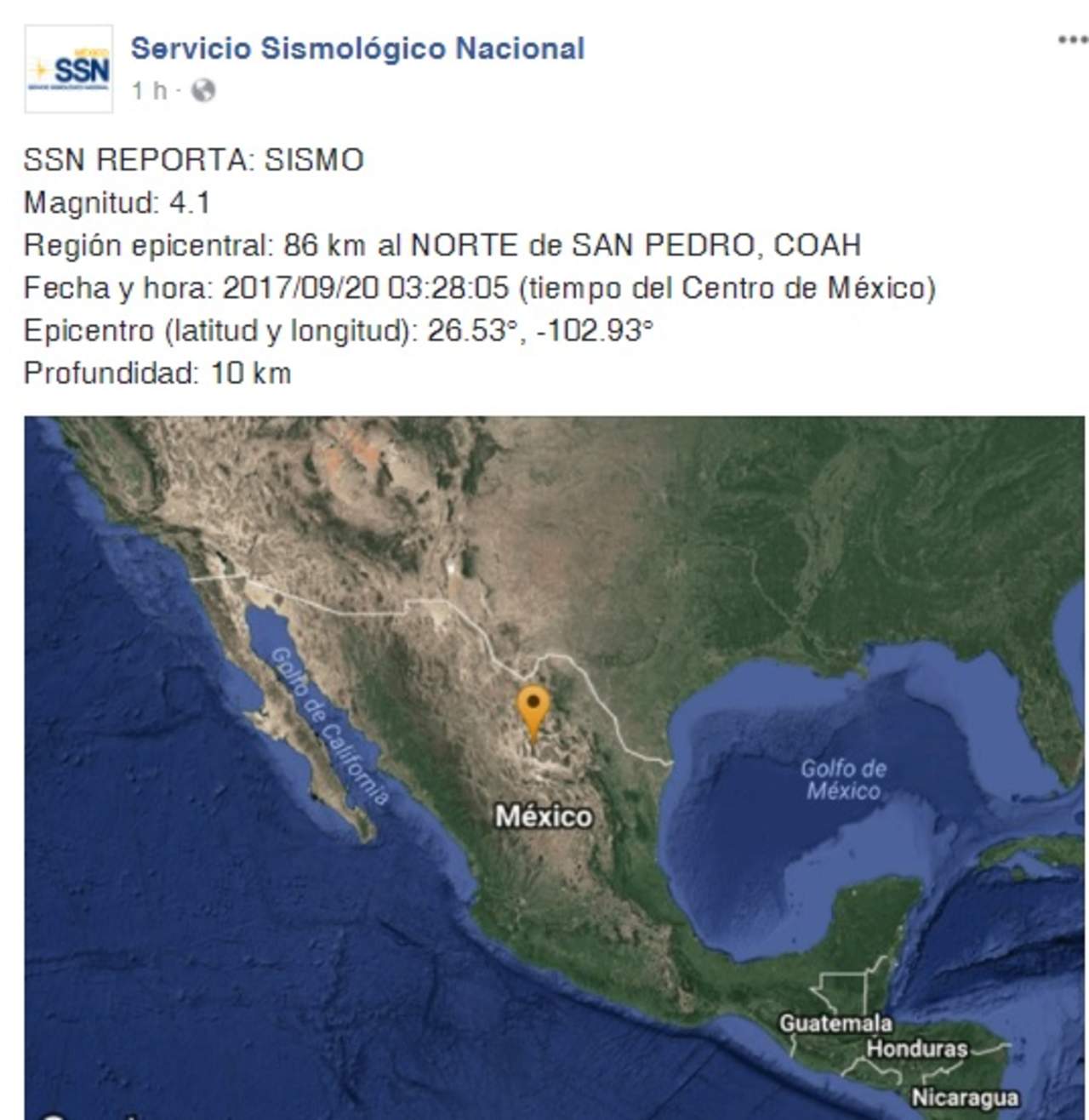 Sismológico Nacional reportó un sismo de 4.1 grados en San Pedro. (ESPECIAL) 