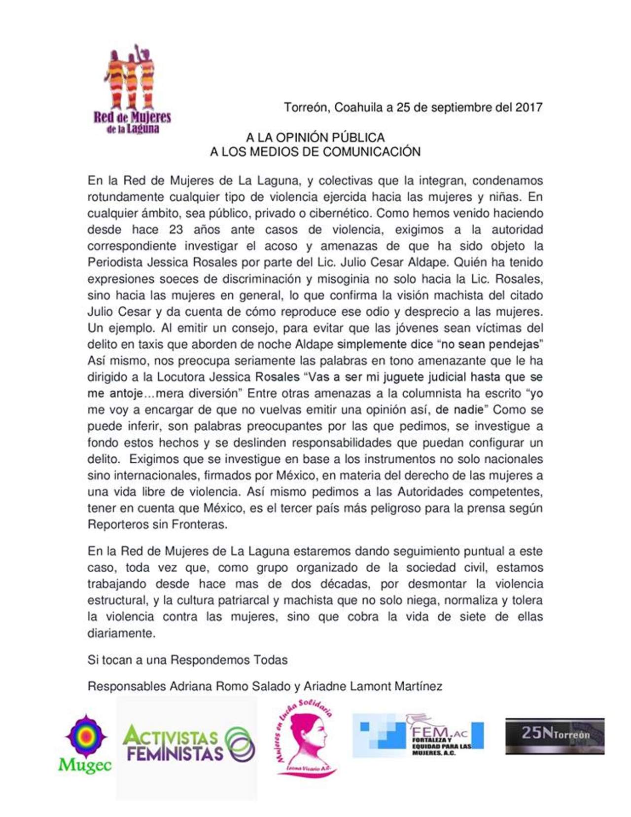 El documento es respaldado por La Red de Mujeres de la Laguna, Activistas Feministas de la Laguna, Mujeres en Lucha Solidaria, Fortaleza y Equidad para las Mujeres, y 25N Torreón. (ESPECIAL) 