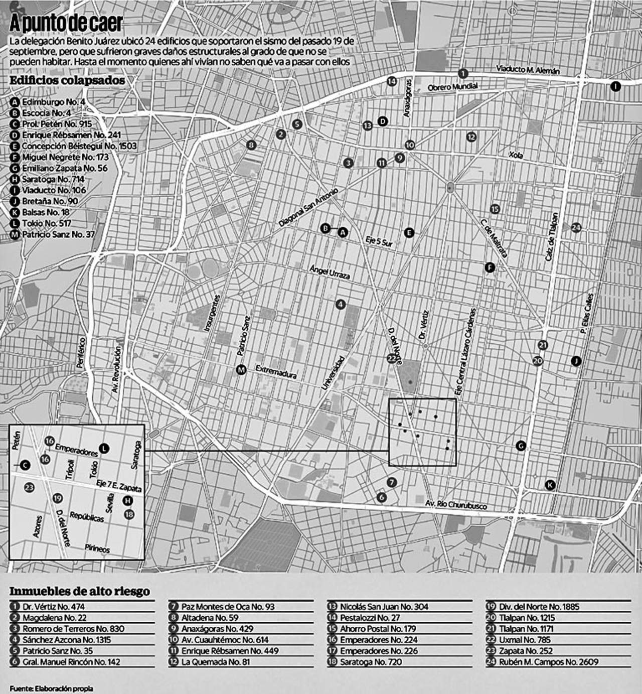 Mapa de los edificios en peligro de derrumbe. (EL UNIVERSAL)
