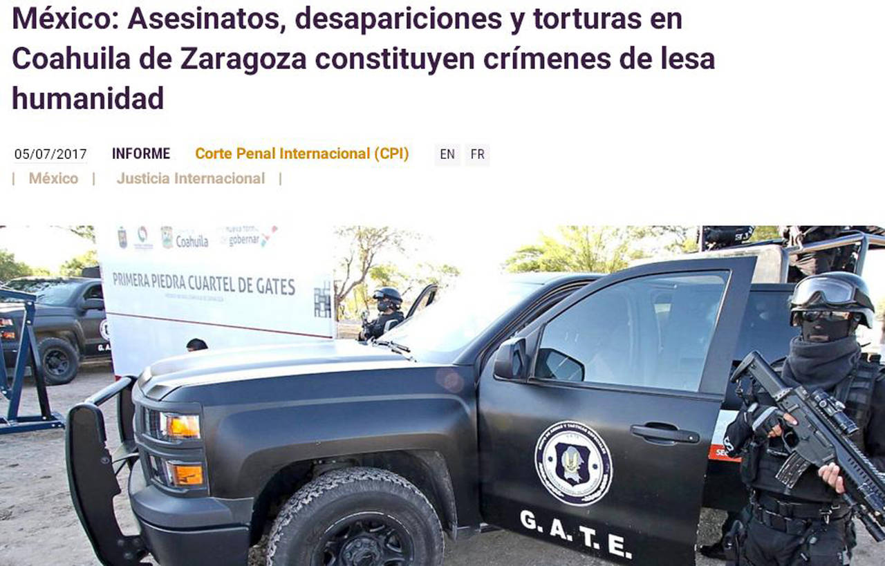 Polémica. Imagen de la licenciada Ariana García Bosque y del comunicado presentado en la Corte Penal Internacional, sobre crímenes de Lesa Humanidad en Coahuila.