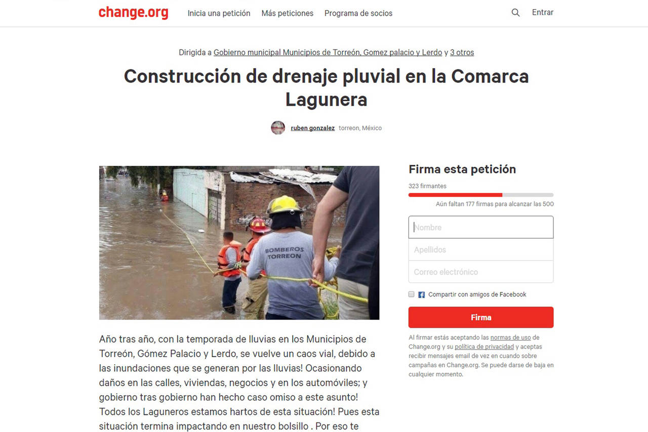 Firma. Hasta ayer por la tarde, más de 390 personas habían firmado la petición en change.org para demandar drenaje pluvial. (CORTESÍA)