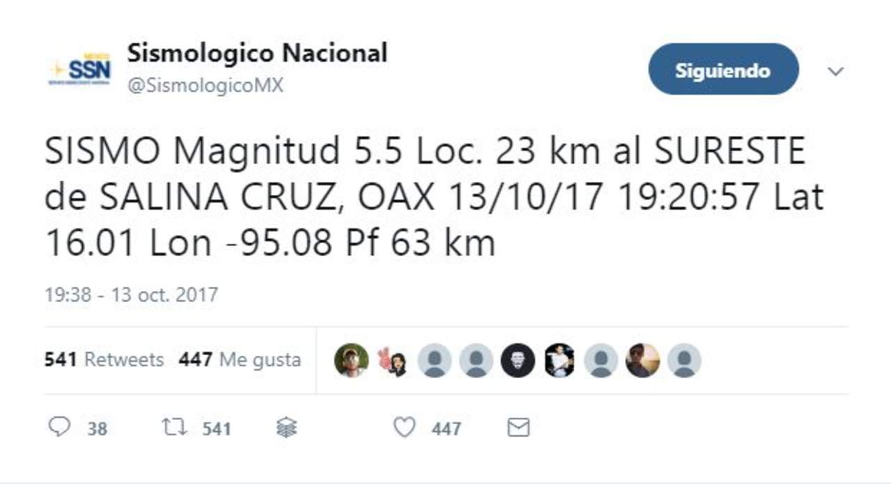 De acuerdo con el Servicio Sismológico Nacional el epicentro se registró a 23 kilómetros al sureste de Salina Cruz. (ESPECIAL)