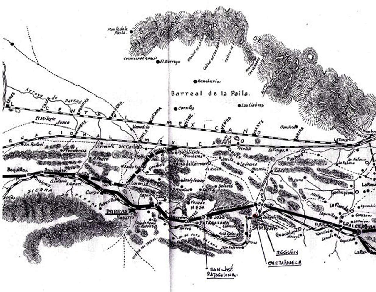 Plano de la región de Parras, elaborado en 1905, que abarca de la Peña(Viesca) a
General Cepeda, en donde podemos ubicar el sitio en donde estuvo situada la hacienda
de Castañuela.
