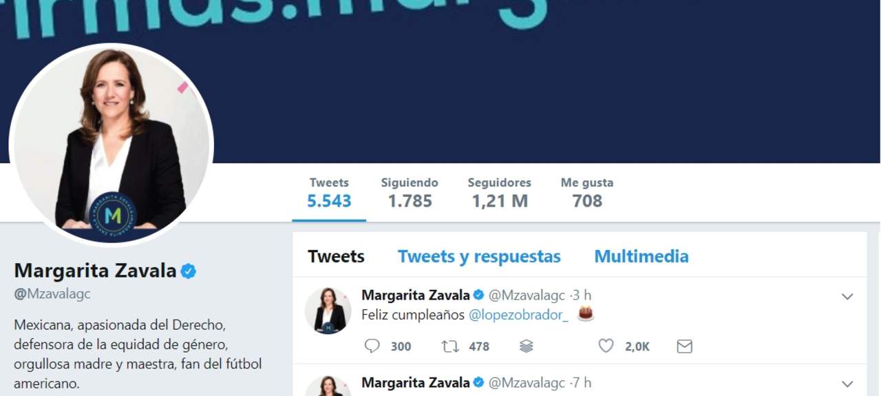 Margarita Zavala, aspirante independiente a la Presidencia de la República, le envió en Twitter una felicitación breve al tabasqueño, acompañado del icono de un pastel. (ESPECIAL) 