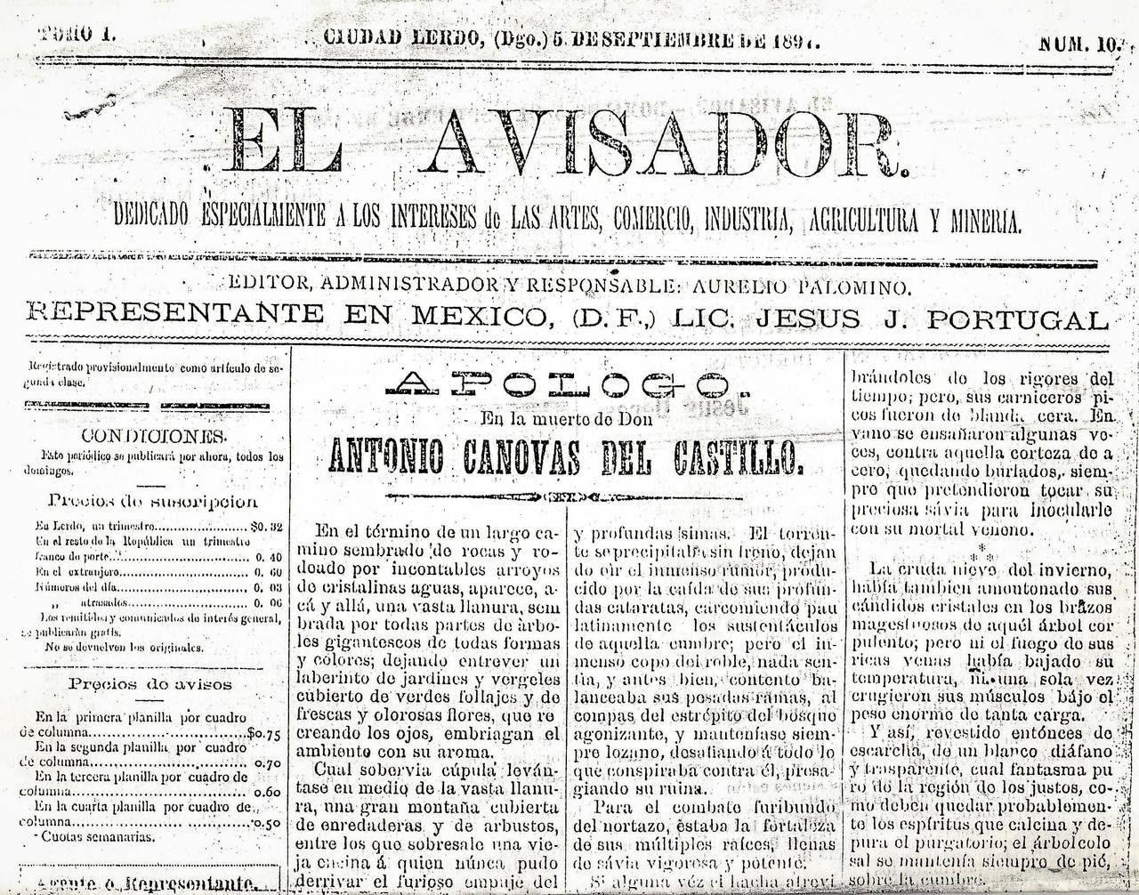 Periódico semanal EL AVISADOR No. 10, de Ciudad Lerdo del 5 de septiembre de 1897. (ARCHIVO)