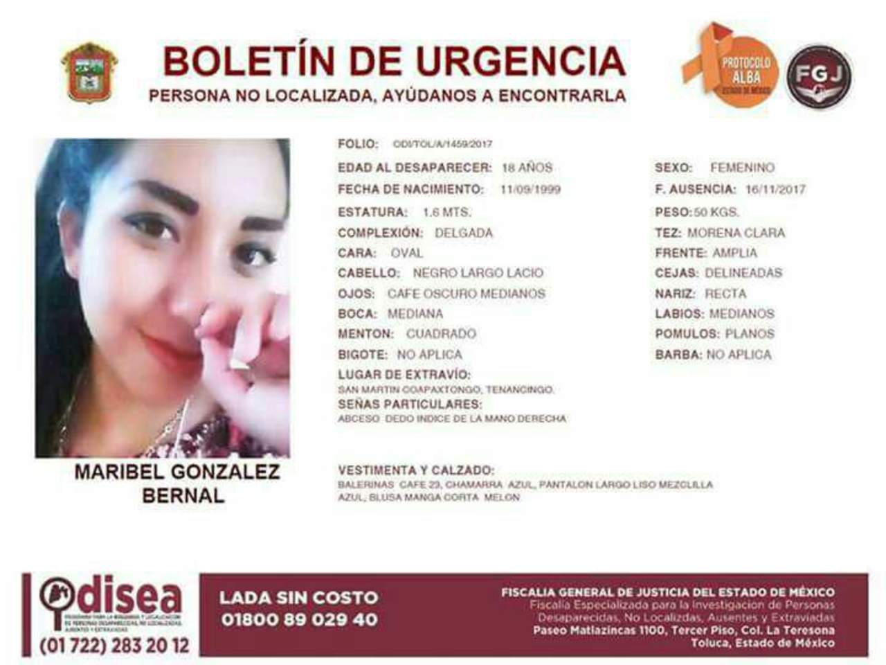 Maribel González Bernal de 18 años de edad, había desaparecido el 16 de noviembre, cuando salió de su casa. (TWITTER)