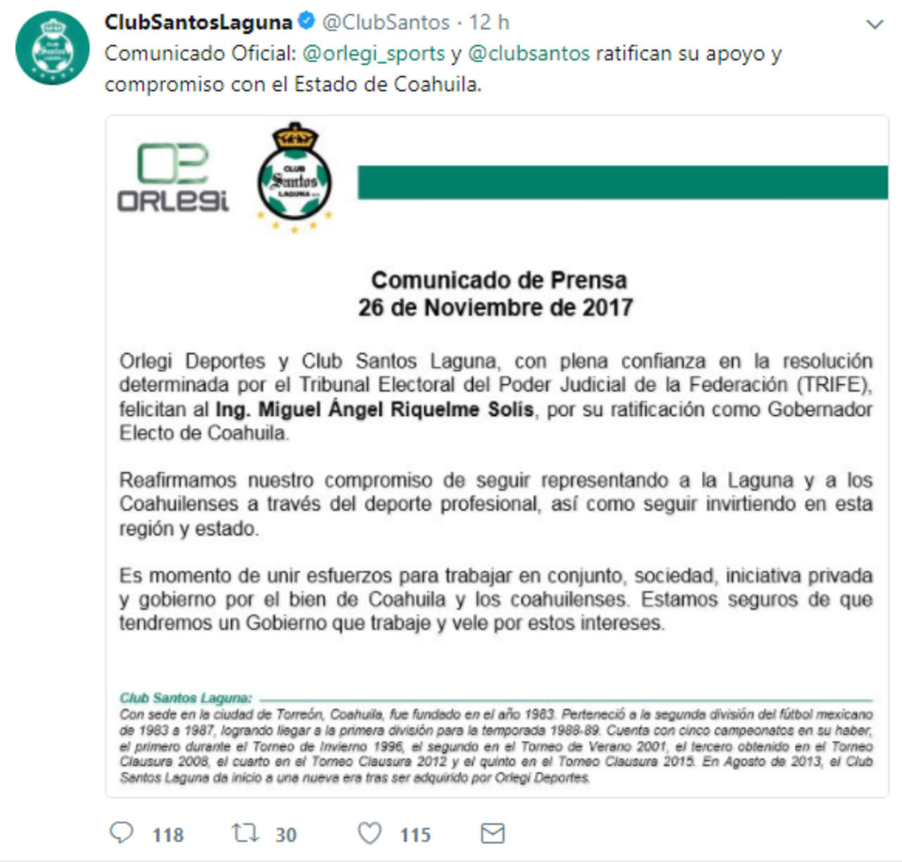 El club publicó en sus redes sociales un mensaje de apoyo a Riquelme.
