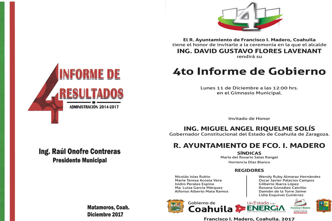 Agenda. En Matamoros el informe de Gobierno, será el sábado 9 de diciembre y en Madero el lunes 11. (EL SIGLO DE TORREÓN)