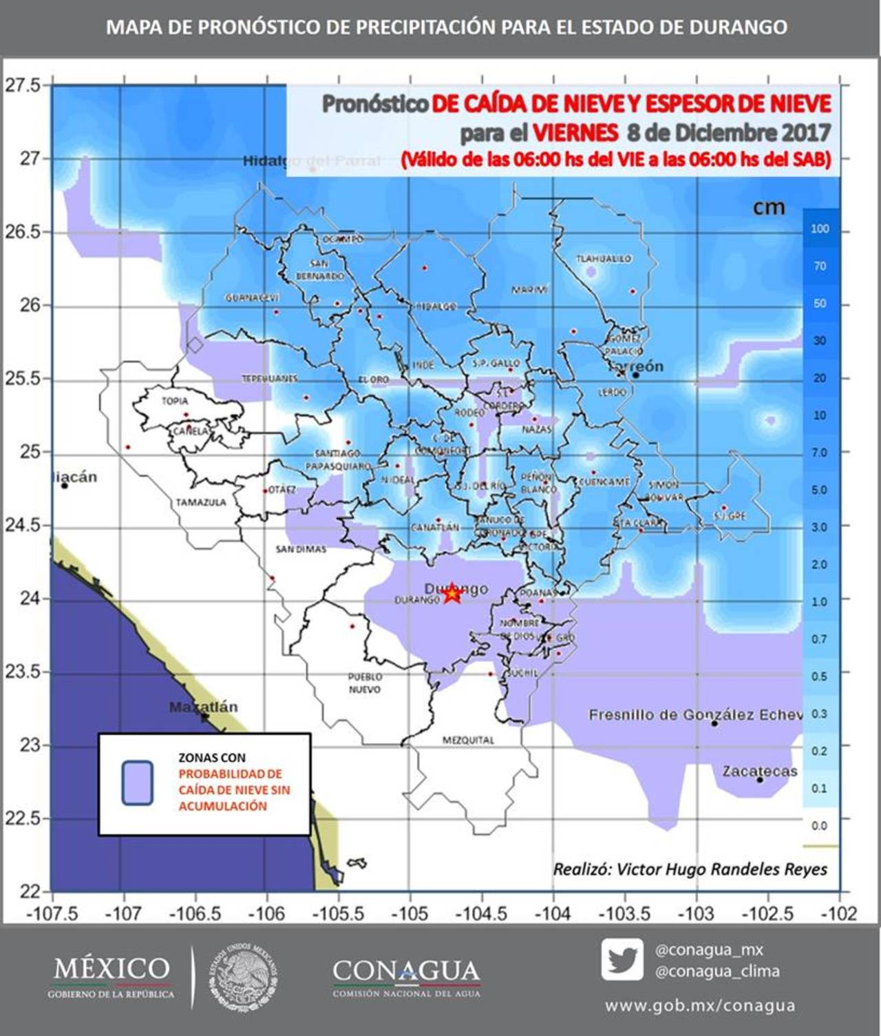 Seguimiento. La Dirección Local de la Conagua presentó su última actualización del pronóstico de caída de nieve para este viernes. (EL SIGLO DE TORREÓN)