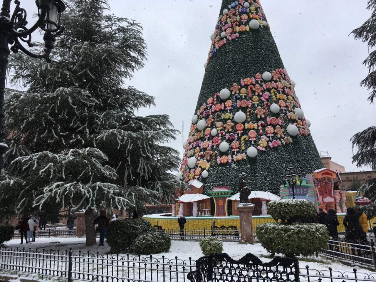 En la Plaza de Armas familias acudieron a tomarse fotografías junto al árbol de navidad y la decoración decembrina que se encontraba cubiertas de nieve. (LUCÍA PÉREZ)