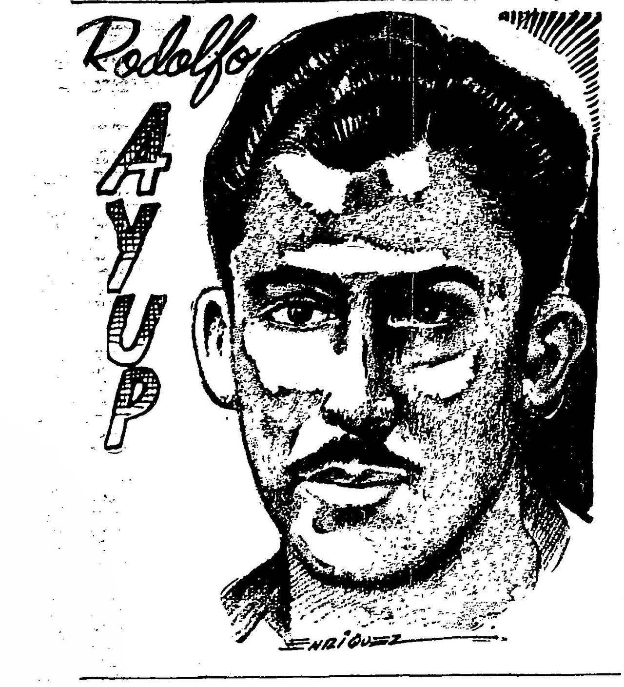 Rodolfo Ayup Sifuentes. Gran basquetbolista, seleccionado nacional en 1950 y hecho en La Laguna. El Siglo de Torreón, 7 de enero de 1951. Dibujo de Manuel Enríquez