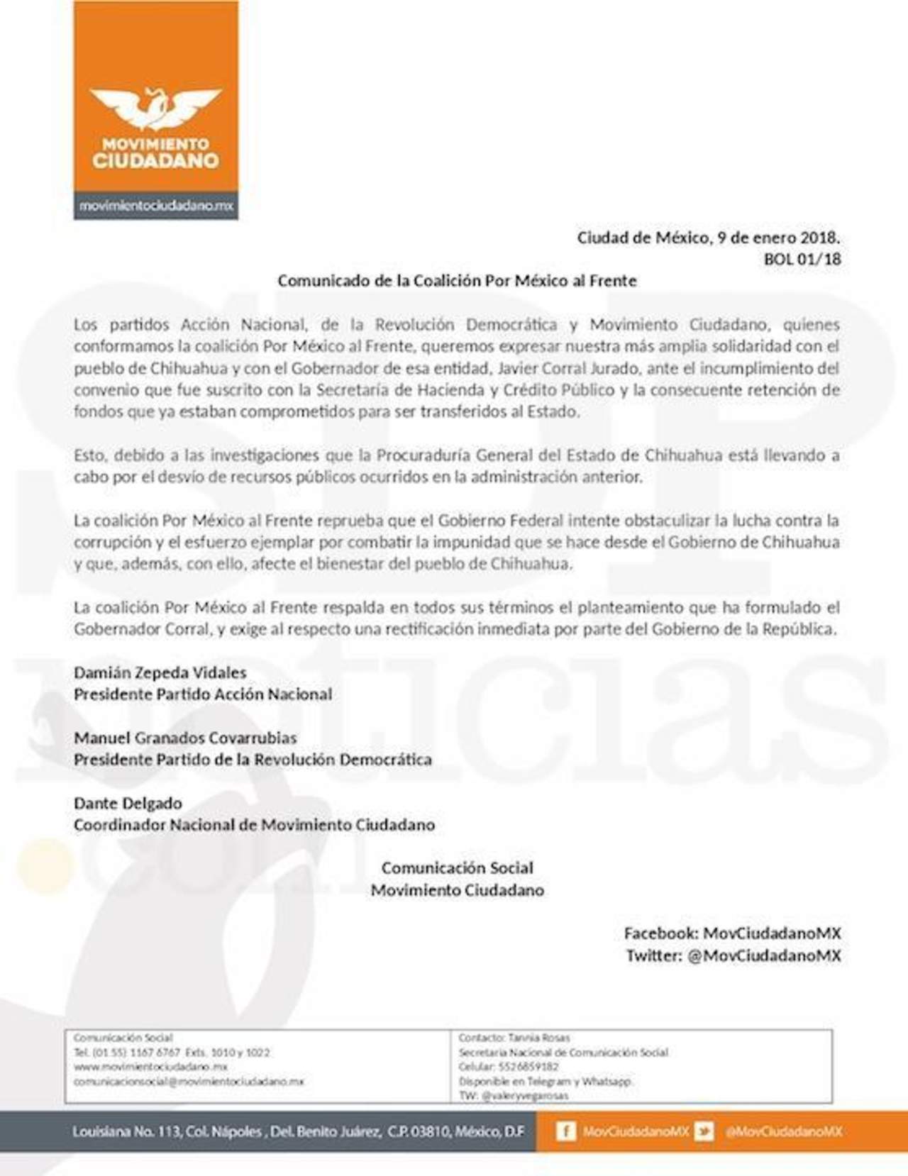 En un comunicado firmado por los líderes del PAN, Damián Zepeda; PRD, Manuel Granados y MC, Dante Delgado, se solidarizaron con el pueblo de Chihuahua y con el gobernador. (ESPECIAL)