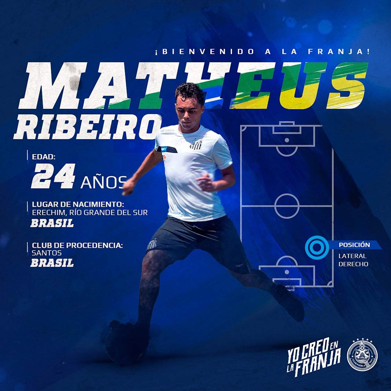 Matheus Ribeiro tiene 24 años y juego como lateral derecho. (Cortesía Puebla)