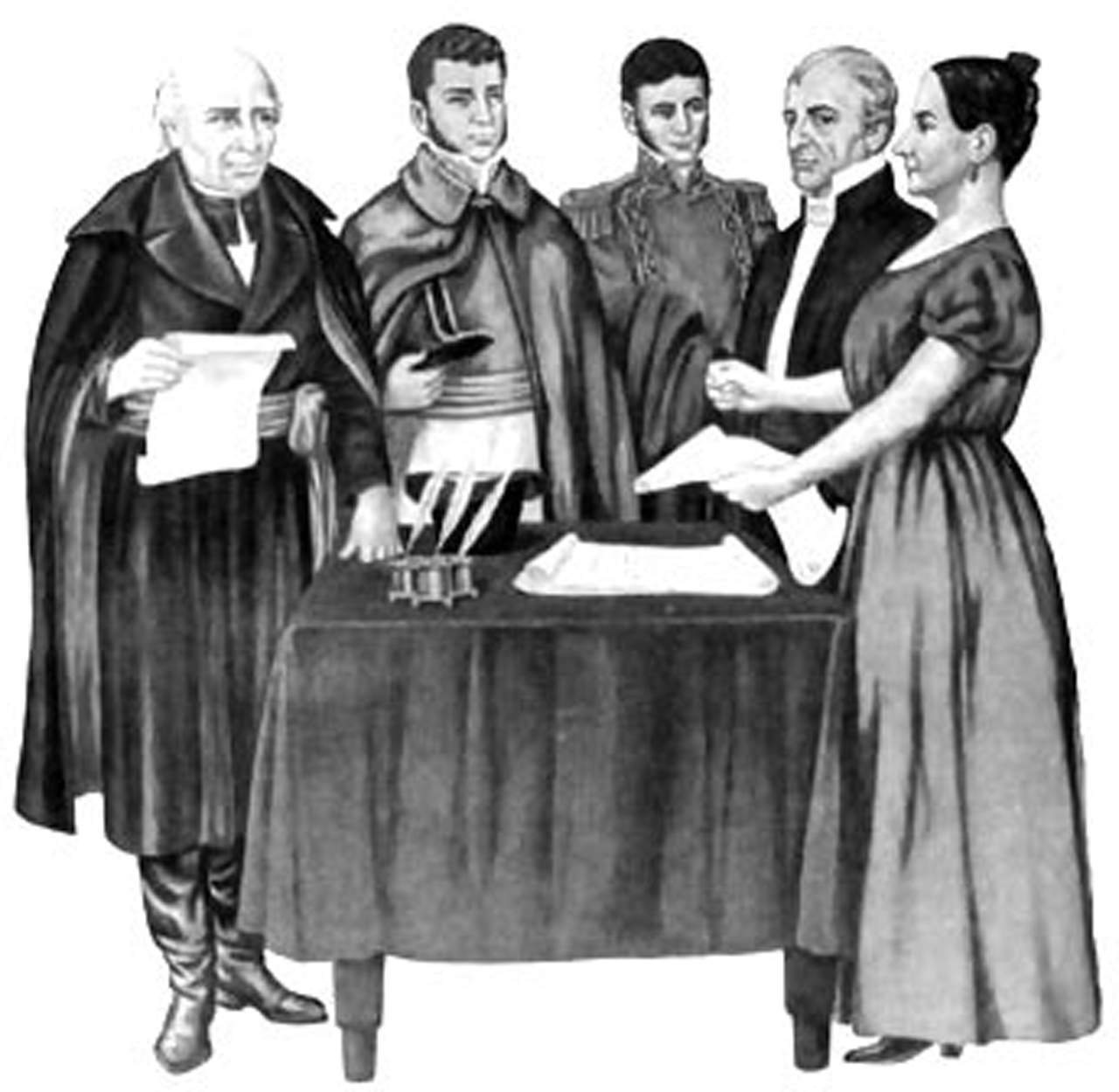 Miguel Hidalgo, Ignacio Allende, Juan Aldama, Miguel Domínguez y Josefa Ortiz en una reunión en Querétaro conspirando contra la colonia.