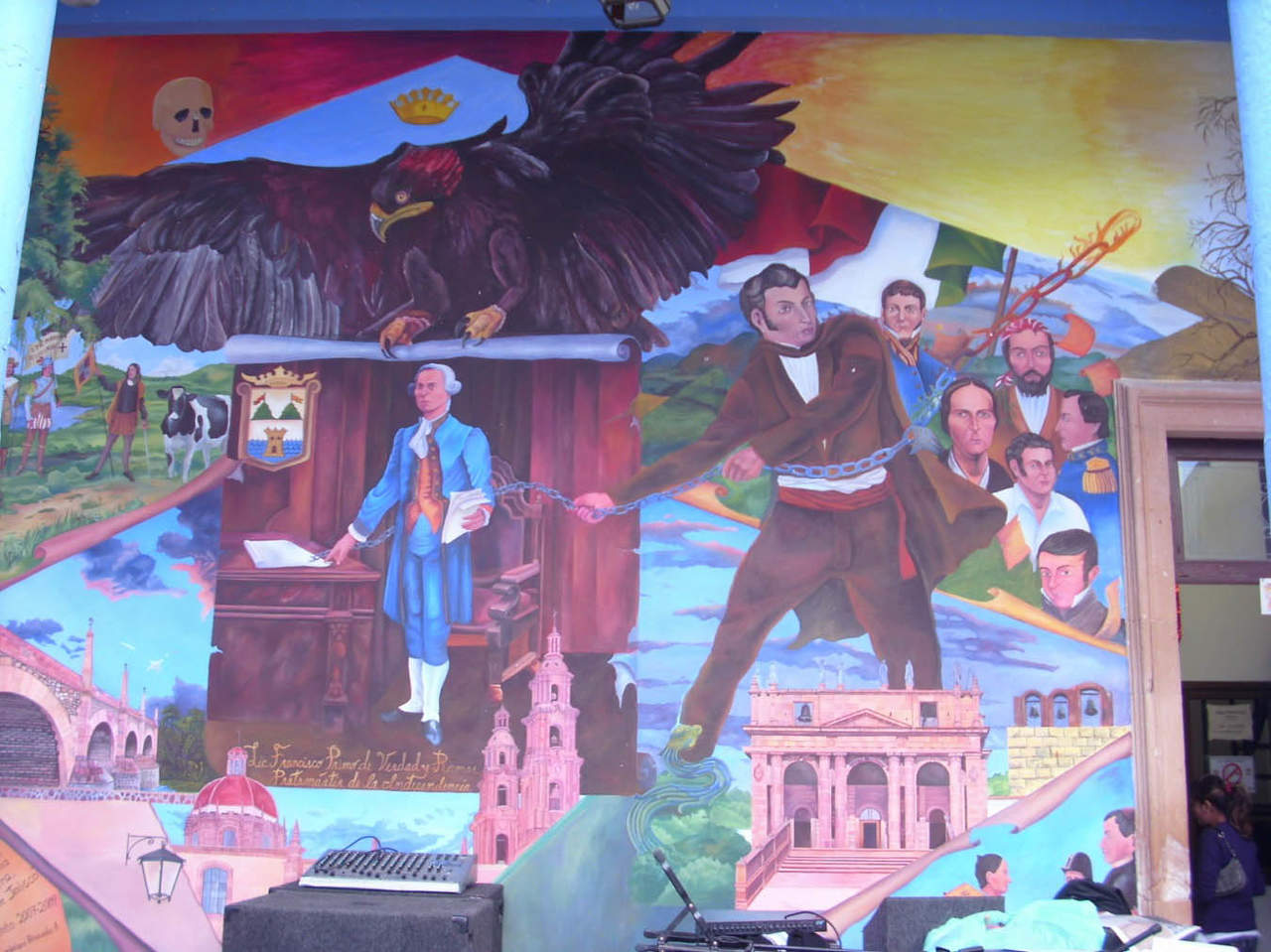 Mural con las figuras de Rita Pérez, don Pedro Moreno y sus hijos, Luis Moreno Pérez, Juan de Dios Moreno, y otros insurgentes en Palacio Municipal de Lagos de Moreno, obra de Guadalupe Brizuela Alonso.