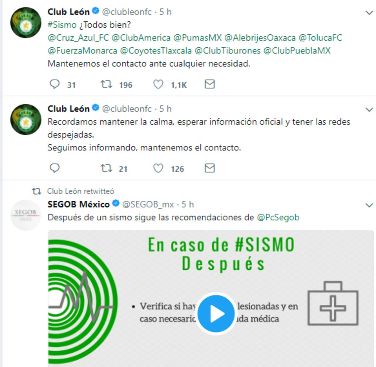 León notificó a través de Twitter sobre el sismo de ayer. Equipos MX muestran apoyo tras el sismo