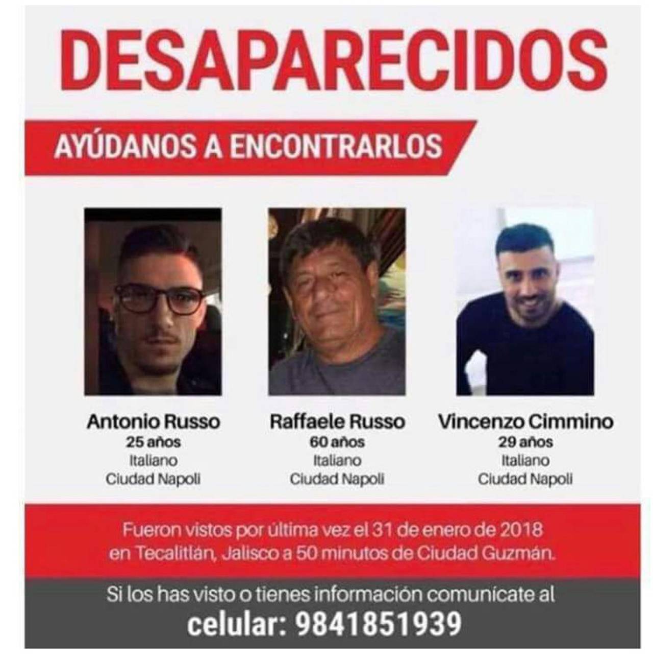 Pesquisa. Los tres italianos fueron vistos por última vez en el municipio de Tecalitlán, Jalisco. (EFE)