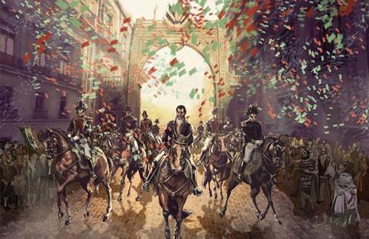 Pintura de la entrada del ejército Trigarante a la Ciudad de México, con Agustín de Iturbide al frente el 27 de septiembre de 1821.
