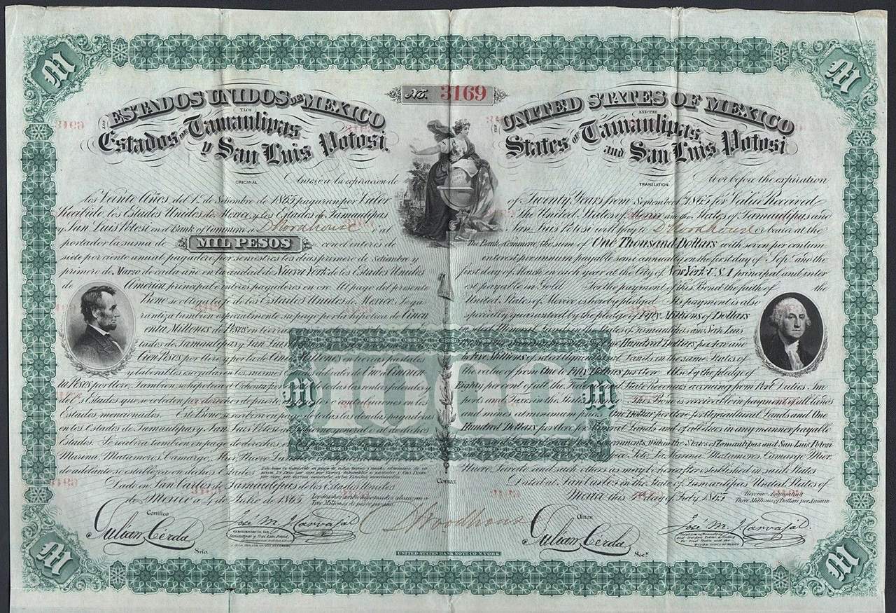 Bonos por la venta de los Estados de Tamaulipas y San Luís Potosí por parte de la facción juarista a los Estados Unidos en 1865, fruto del Tratado Carvajal-Woodhouse y el Tratado Carvajal-Corlies firmado ese año.