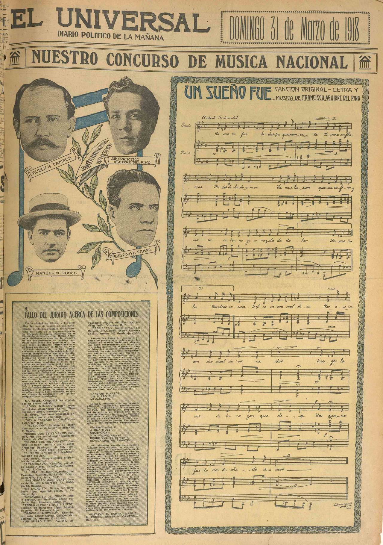 Centenario. Publicación del 31 de marzo de 1918 en El Universal, anunciando los ganadores del  Concurso de Música Regional.