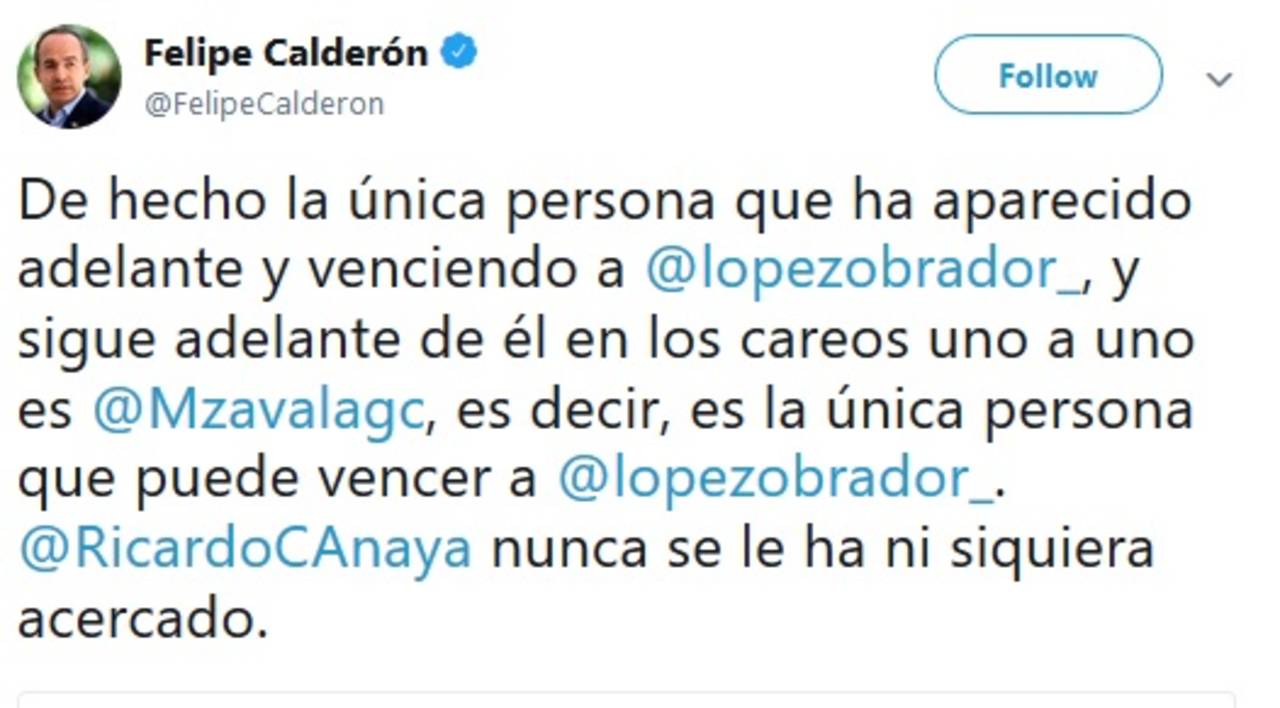 El expresidente Felipe Calderón dice que su esposa va arriba de AMLO en las encuestas. (TWITTER)