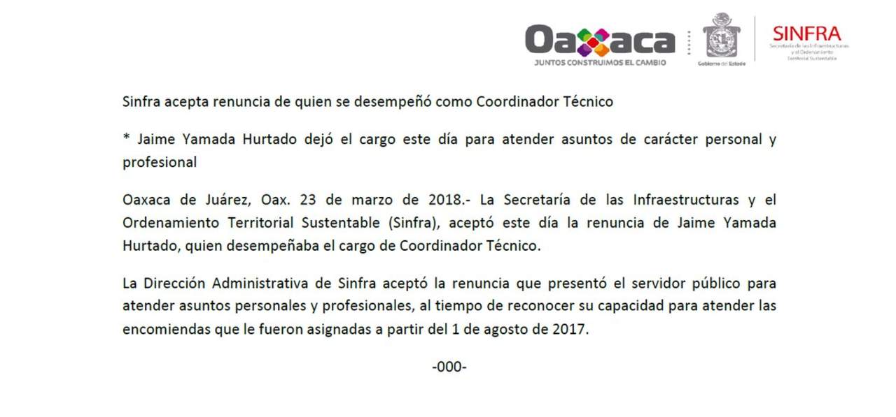 Luego de su detención, Sinfra emitió un comunicado en el que informó que Yamada Hurtado renunció a su cargo para atender asuntos personales y profesionales. (ARCHIVO)