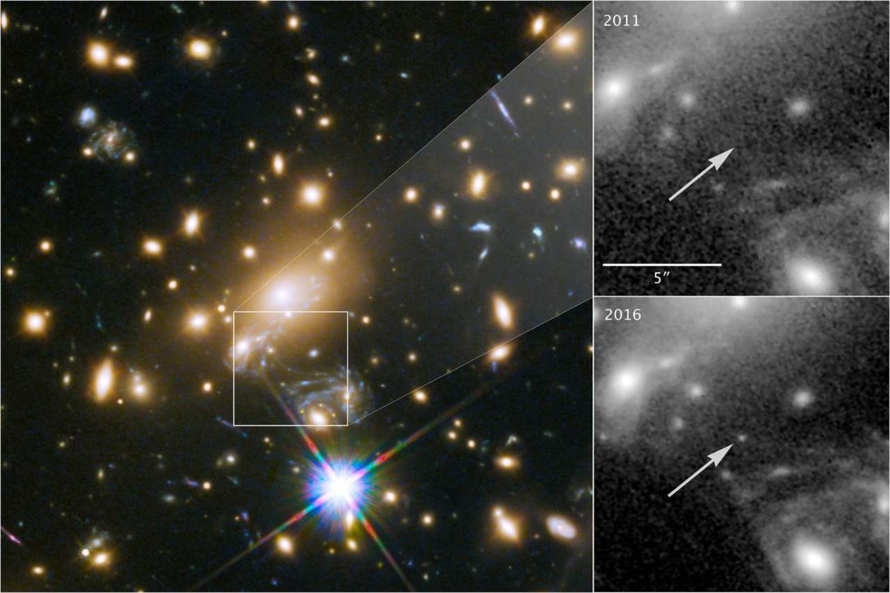 El astro, llamado Icarus, se encuentra en una galaxia muy distante detrás del cúmulo MACS J1149-2223, donde se había visto en el pasado la estrella que ostentaba el récord hasta ahora. (HUBBLE)

