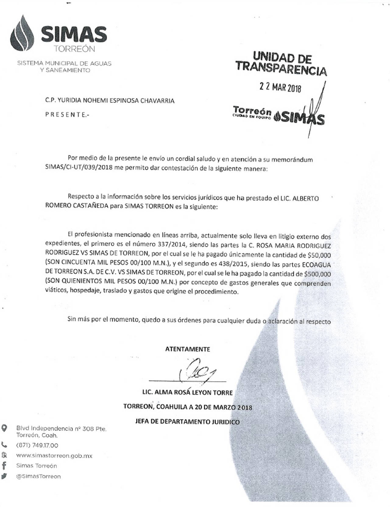 No saben. Consejeros del Simas votarán para darle 2 millones de pesos al Despacho Romero Castañeda. Pero ya dieron 500 mil.