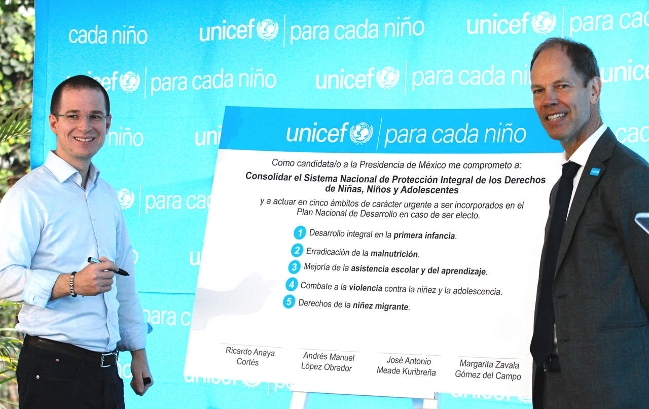 El representante del Fondo de Naciones Unidas para la infancia (Unicef) se mostró complacido de que esta mañana, muy temprano, los candidatos José Antonio Meade y Ricardo Anaya se presentaron a las instalaciones del organismo internacional en México para firmar. (NOTIMEX)