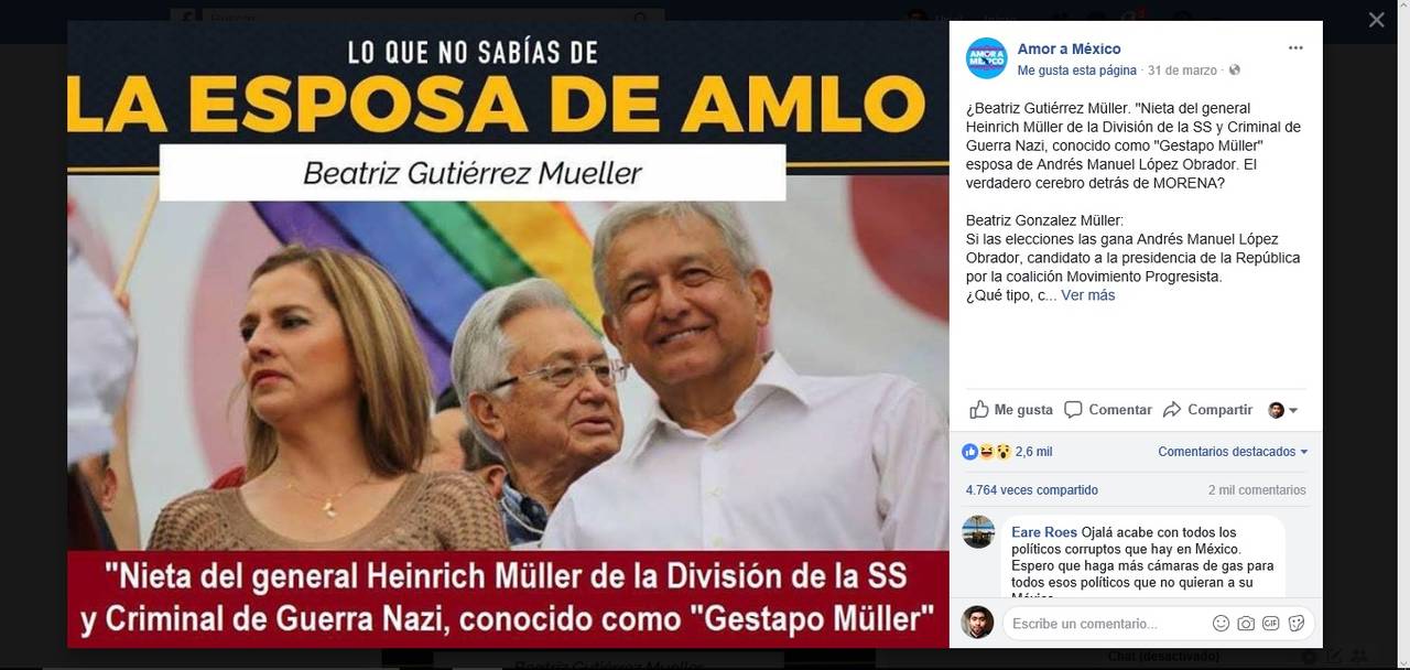 Falsa. La información que se difunde en redes sociales sobre Beatriz Gutiérrez Mueller es falsa. (FACEBOOK)