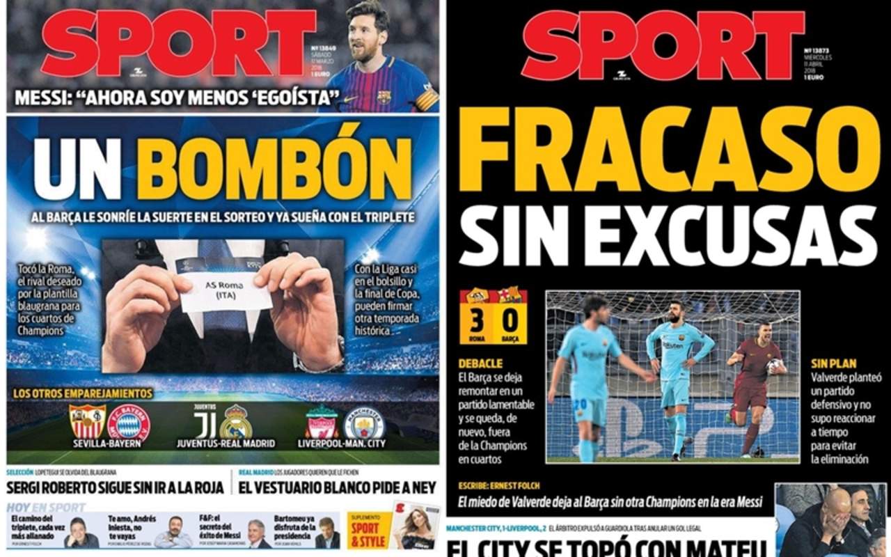 Portadas del diario español Sport tras el sorteo y la eliminación del Barcelona. (Especial)