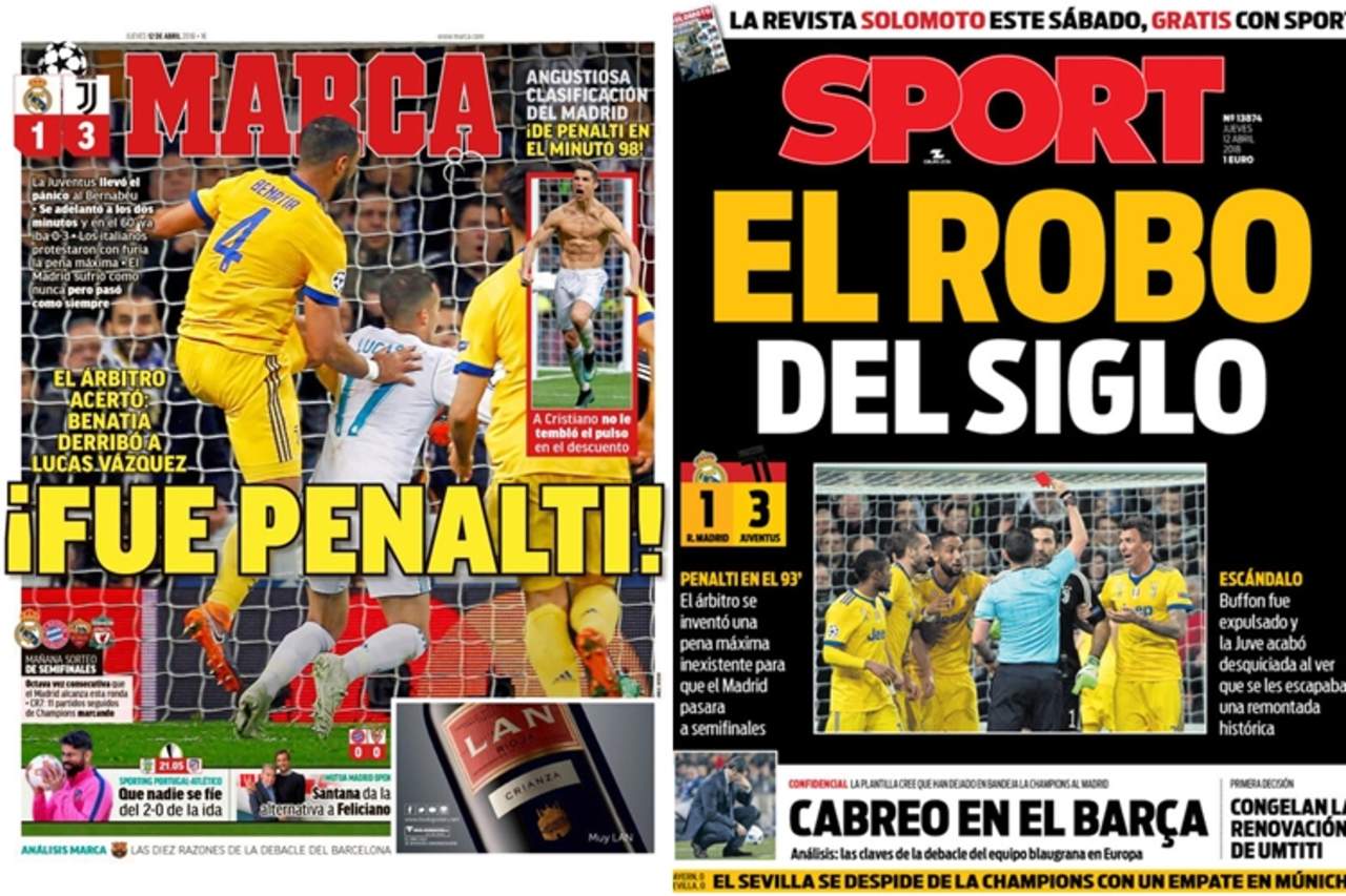 Contrastantes portadas de dos diarios españoles sobre el penal del juego de ayer. (Especial)