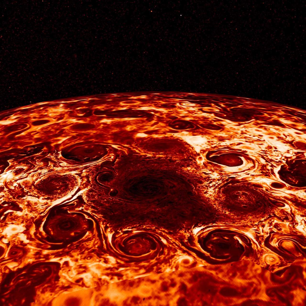 Los científicos han generado imágenes tridimensionales con los datos recopilados por uno de los instrumentos de la nave, que permitió mapear en tres dimensiones el polo norte de Júpiter. (EFE)
