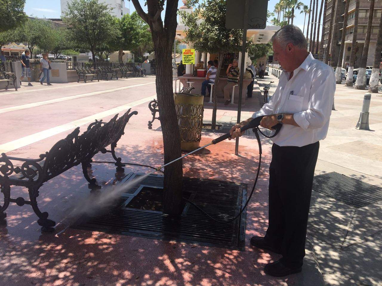 El alcalde Jorge Zermeño participó en las actividades de limpieza en la Plaza de Armas. (EL SIGLO DE TORREÓN)