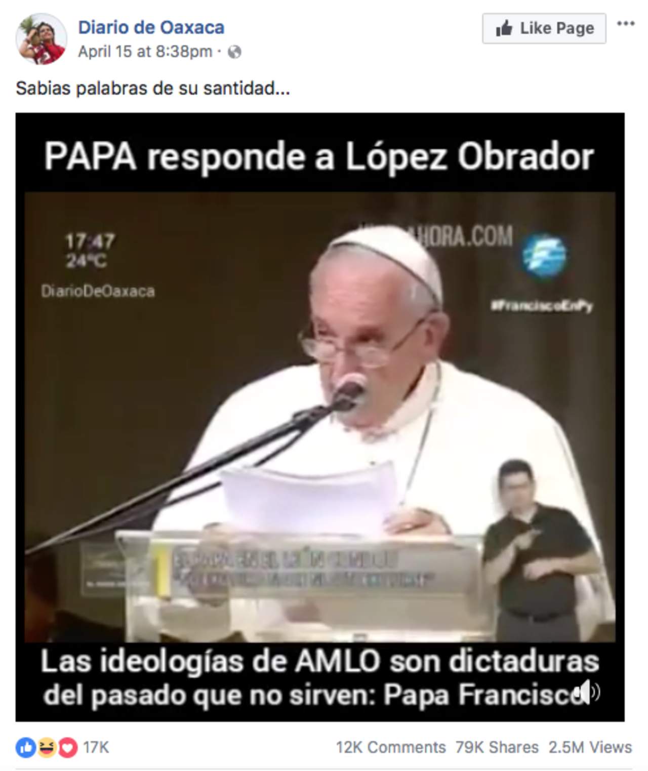 Papa no se pronunció en contra de AMLO