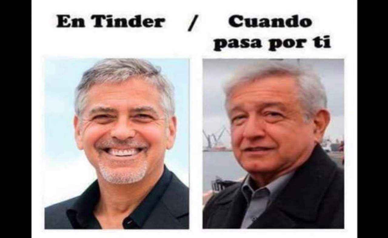 En una imagen que compartió en sus redes sociales, bromeó que en la red social Tinder aparecería la imagen de Clooney, pero en realidad cuando pasan por ti aparece López Obrador. (ESPECIAL)