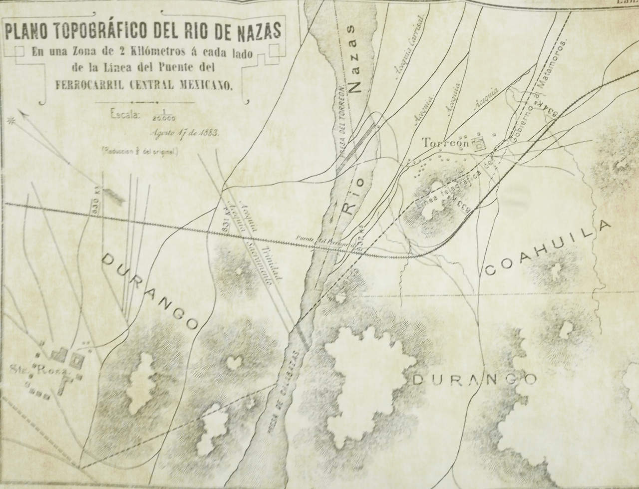 Plano 1883 áreo de la Hacienda del Torreón junto al margen del Río Nazas y la Hacienda de Santa Rosa.
