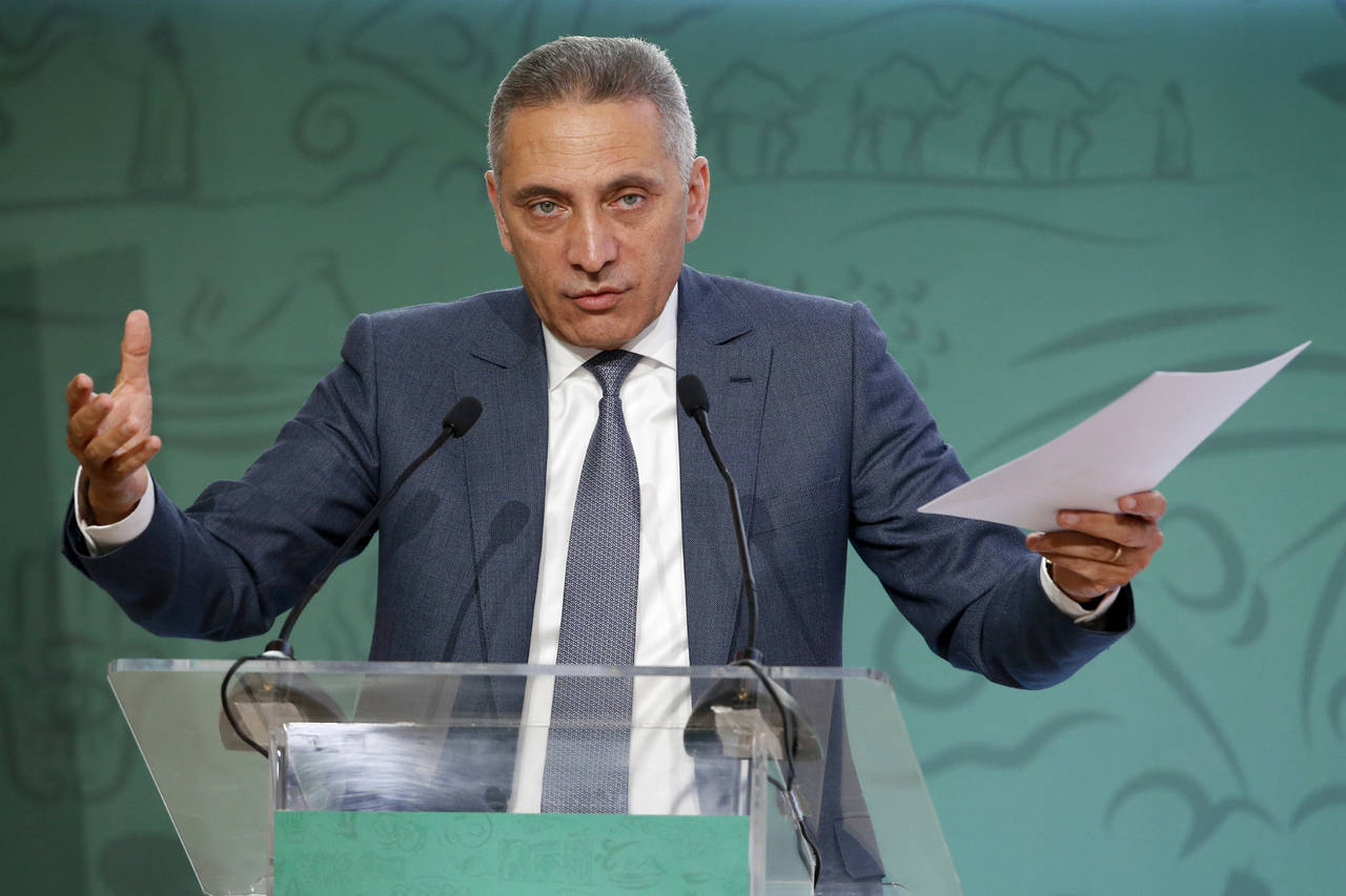 Moulay Hafid Elalamy, jefe de la candidatura de Marruecos para la Copa del Mundo 2026, habla durante una conferencia de prensa. (AP)