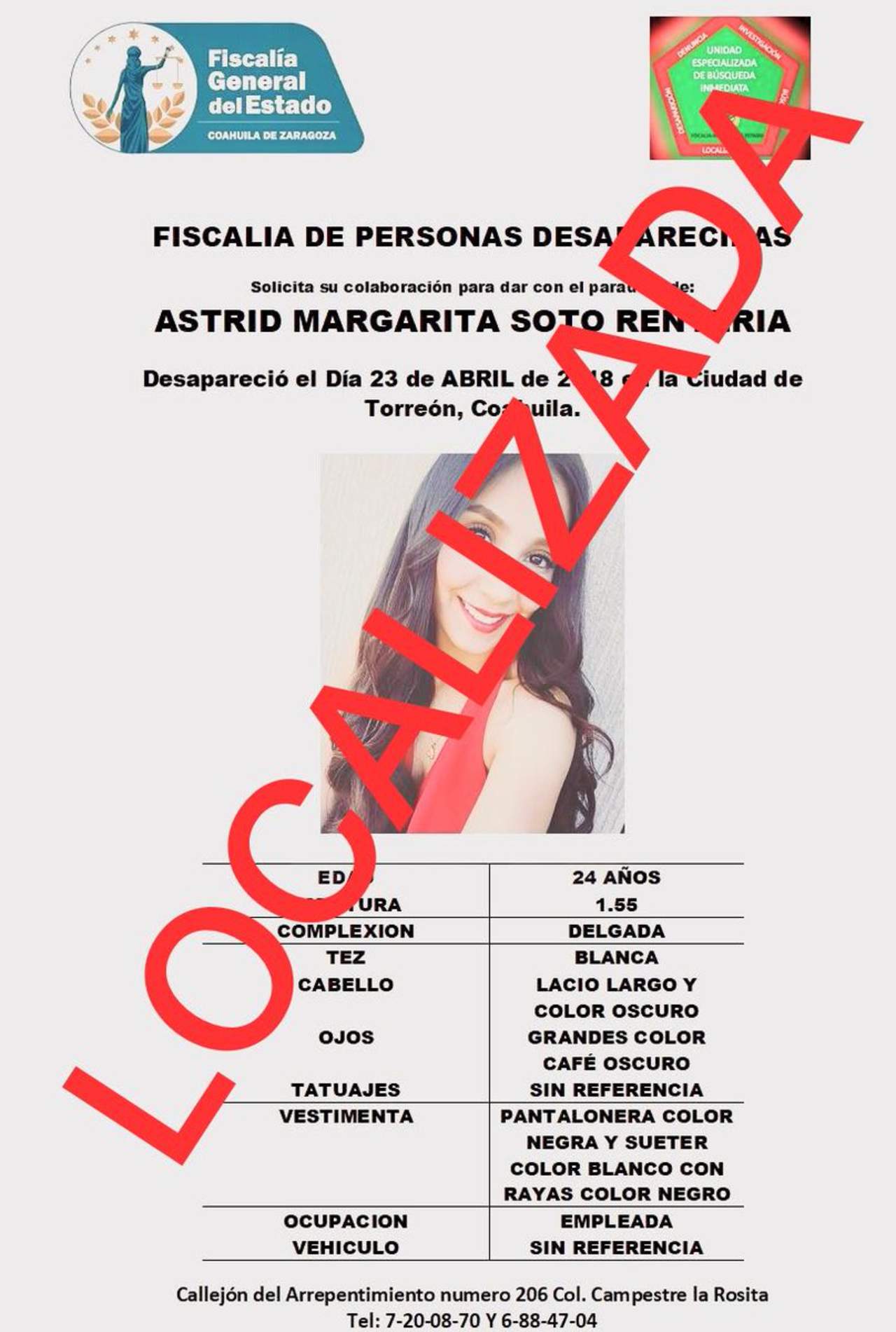 Encuentran a joven reportada como desaparecida en carretera Torreón-SP