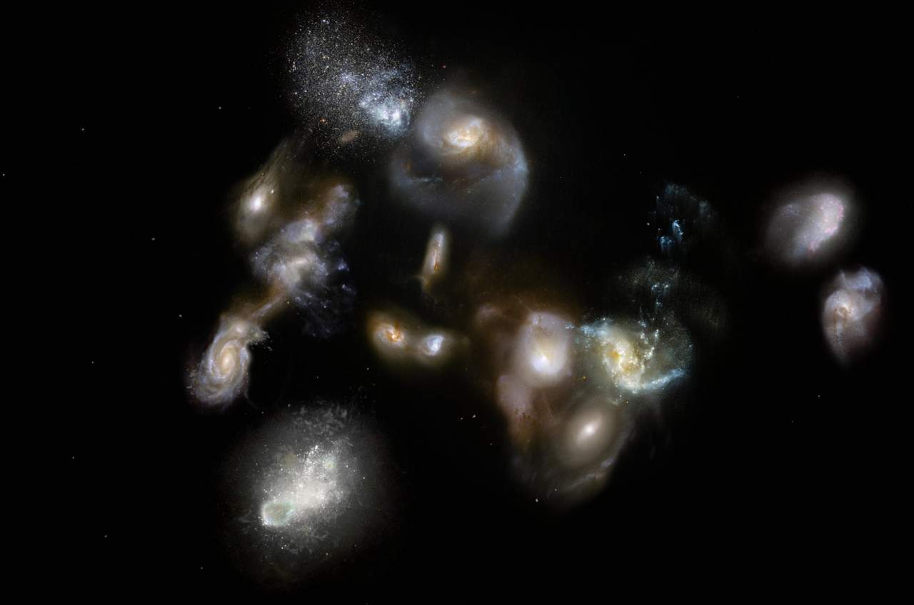 Una aglomeración cósmica que es la inminente colisión de galaxias jóvenes con estallido de formación estelar. (EFE)