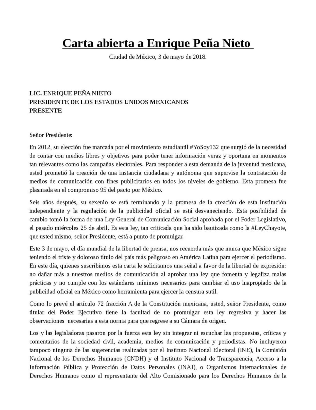 En una carta abierta signada por más de 50 organizaciones, activistas y periodistas, señalan que esta ley no cumple con los estándares mínimos necesarios para cambiar el uso inapropiado de la publicidad oficial en México como herramienta para ejercer censura. (TWITTER)