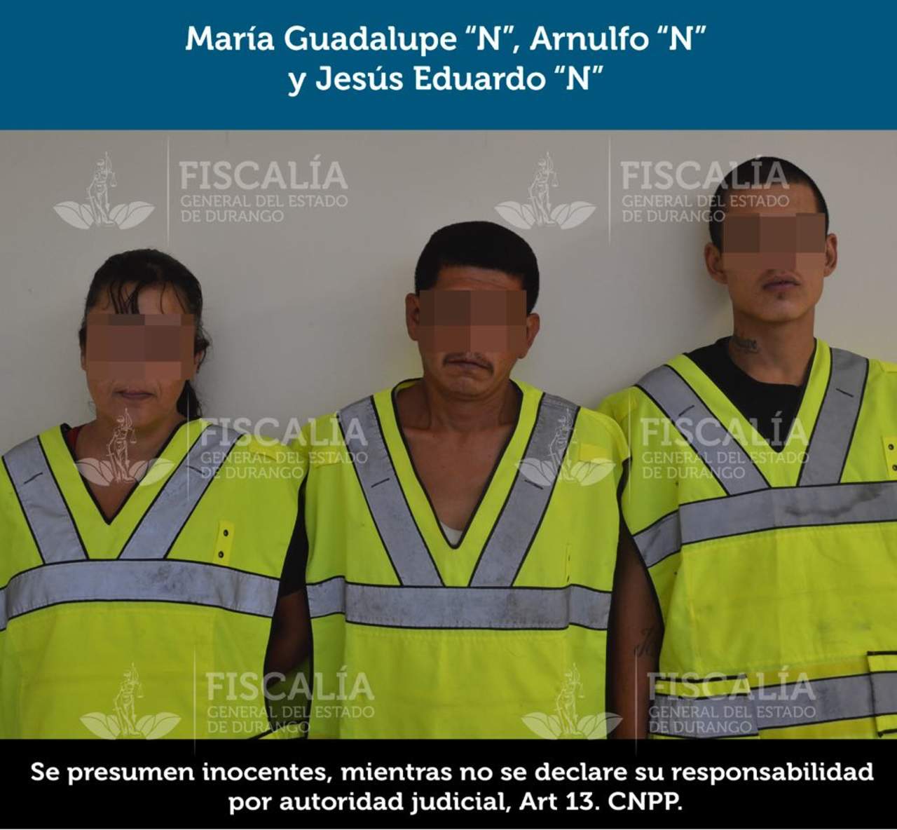 Los detenidos responden a los nombres de María Guadalupe 'N', Arnulfo 'N' y Jesús Eduardo 'N' de 31, 23 y 41 años de edad respectivamente. (ESPECIAL) 