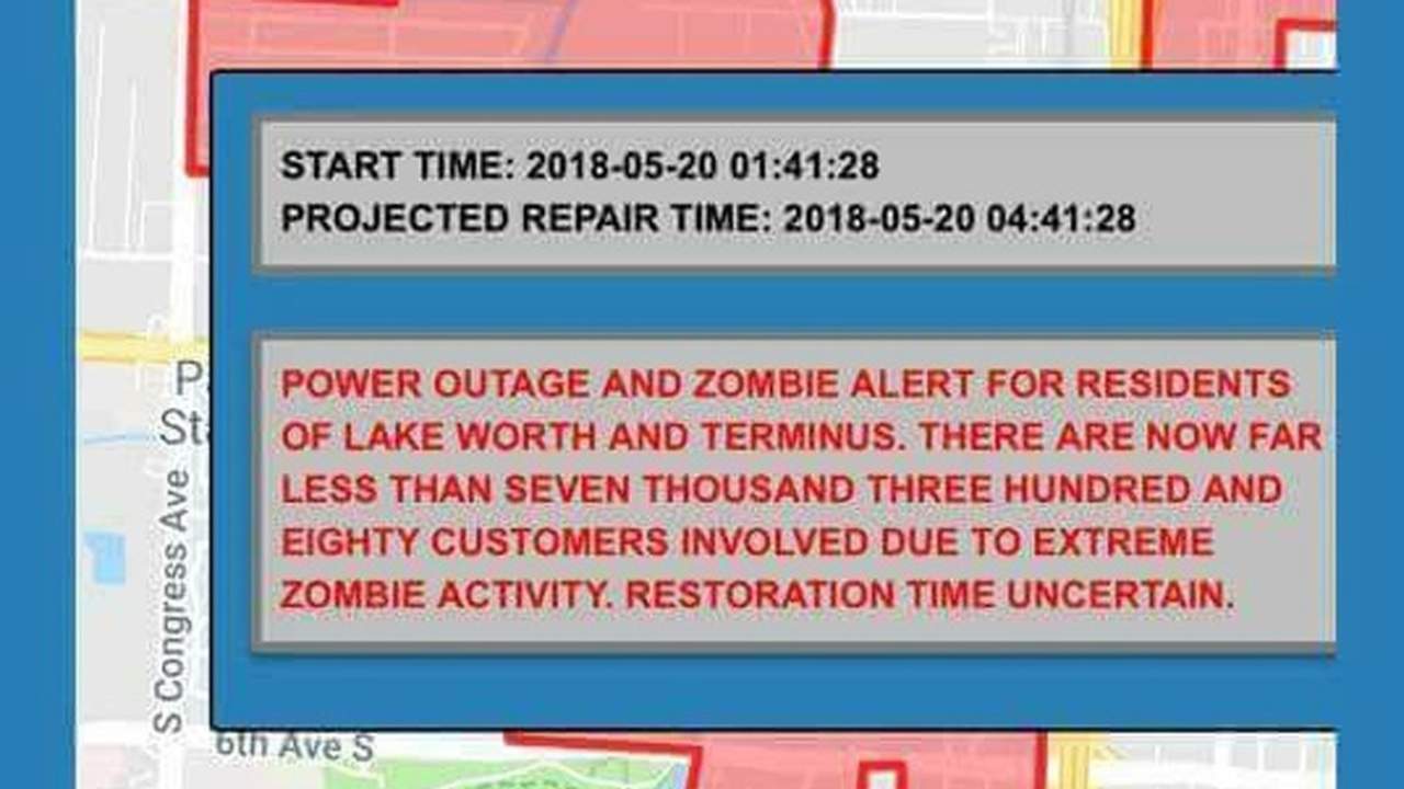 La alerta decía que más de 7,000 clientes se quedaron sin servicio eléctrico “debido a extrema actividad zombi”. (TWITTER)