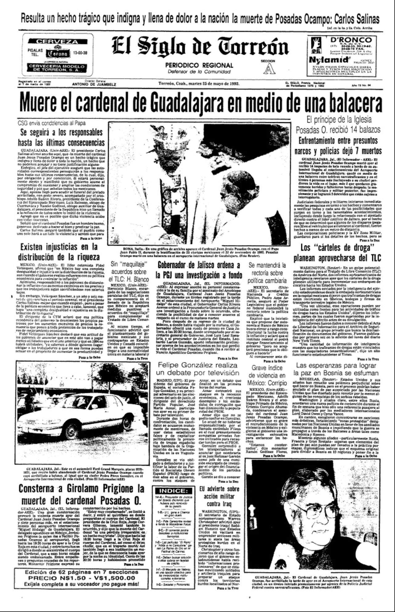Consternación. Hace 25 años ésta fue nuestra portada donde informamos el asesinato del cardenal Juan Jesús Posadas. (HEMEROTECA DIGITAL EL SIGLO DE TORREÓN)